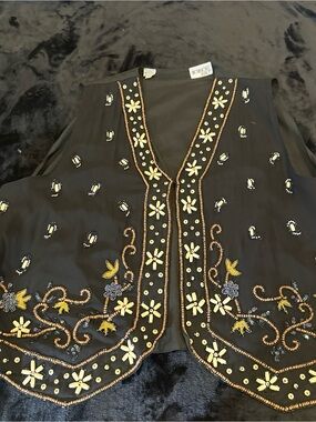 Beaded Black Vest with Floral Detail Brownstone Studio